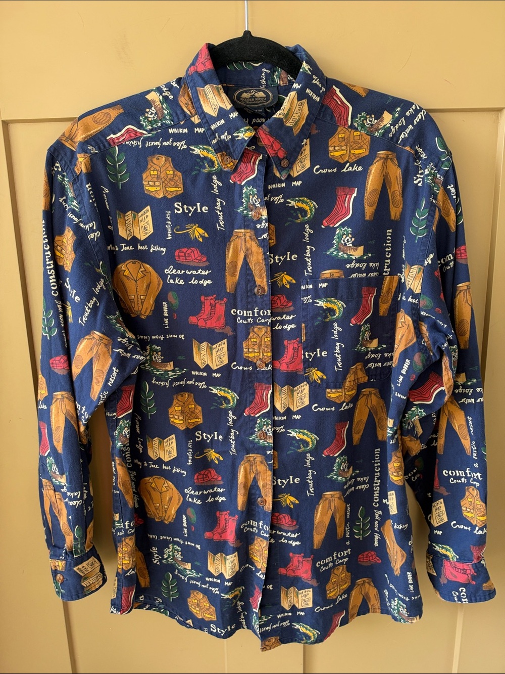 British Khaki Women’s 12 Navy Novelty Gorpcore Fishing Camp Button-Down Shirt
